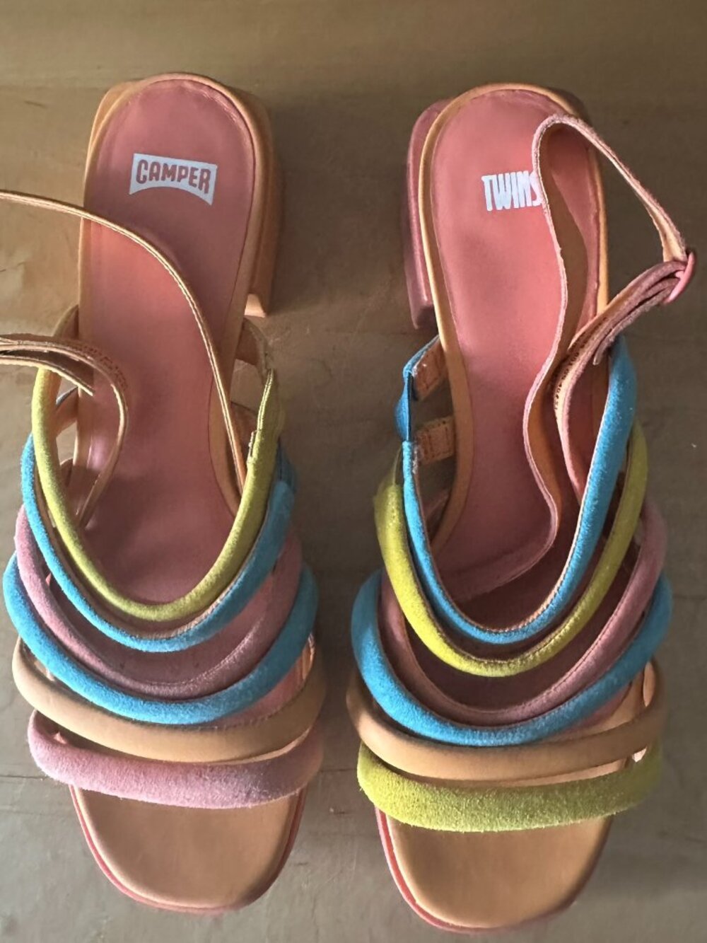 Camper Twins Multi-color Strappy Block Heel Sandals, size 40